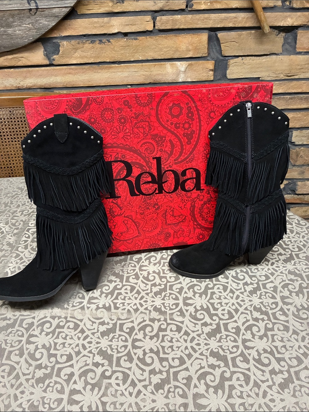 Reba Black Suede Fringe Western Boots with Stud Accents